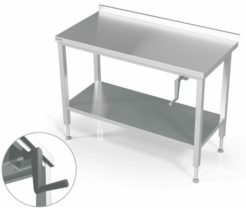 Adjustable height table with handle and shelf
