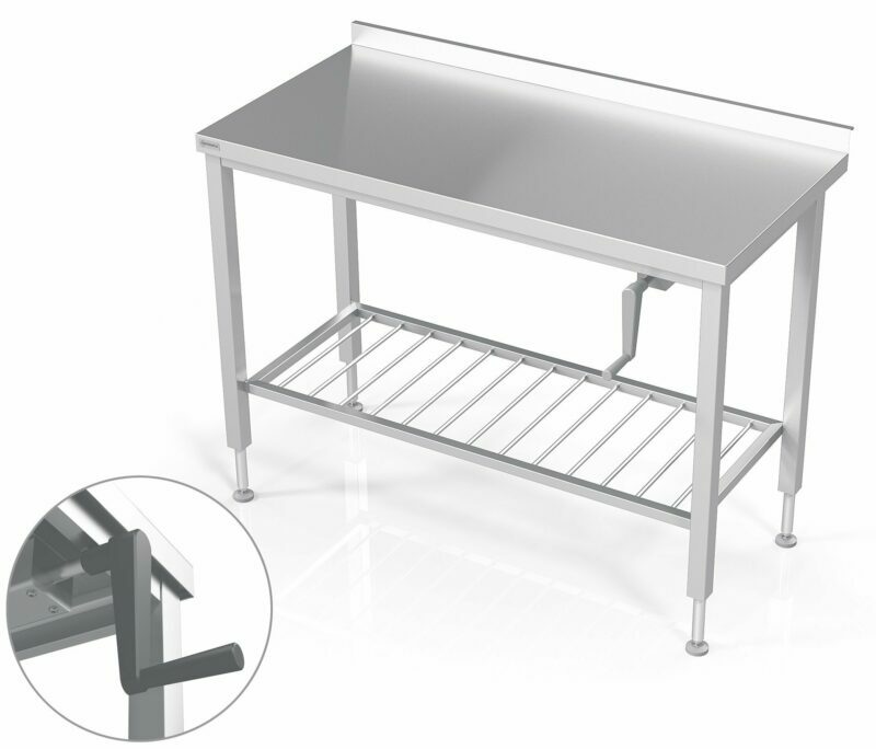 Adjustable height table with handle and bar shelf