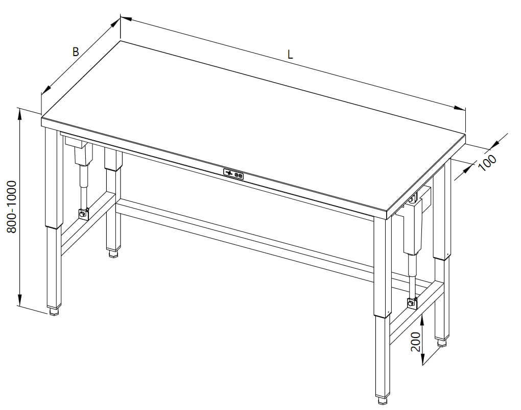 Zeichnung eines höhenverstellbaren Tisches (elektronische Einstellung).