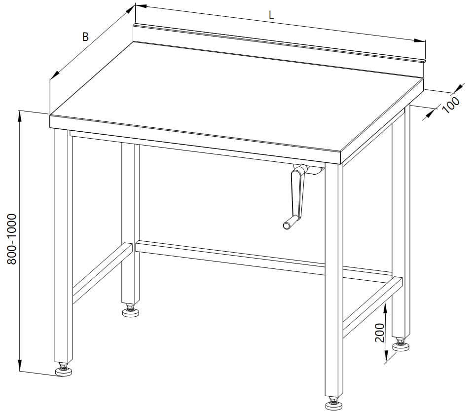 Zeichnung eines höhenverstellbaren Tisches (manuelle Einstellung).