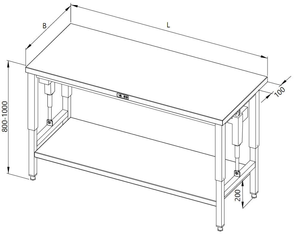 Zeichnung eines höhenverstellbaren Tisches mit Ablage (elektronische Verstellung).