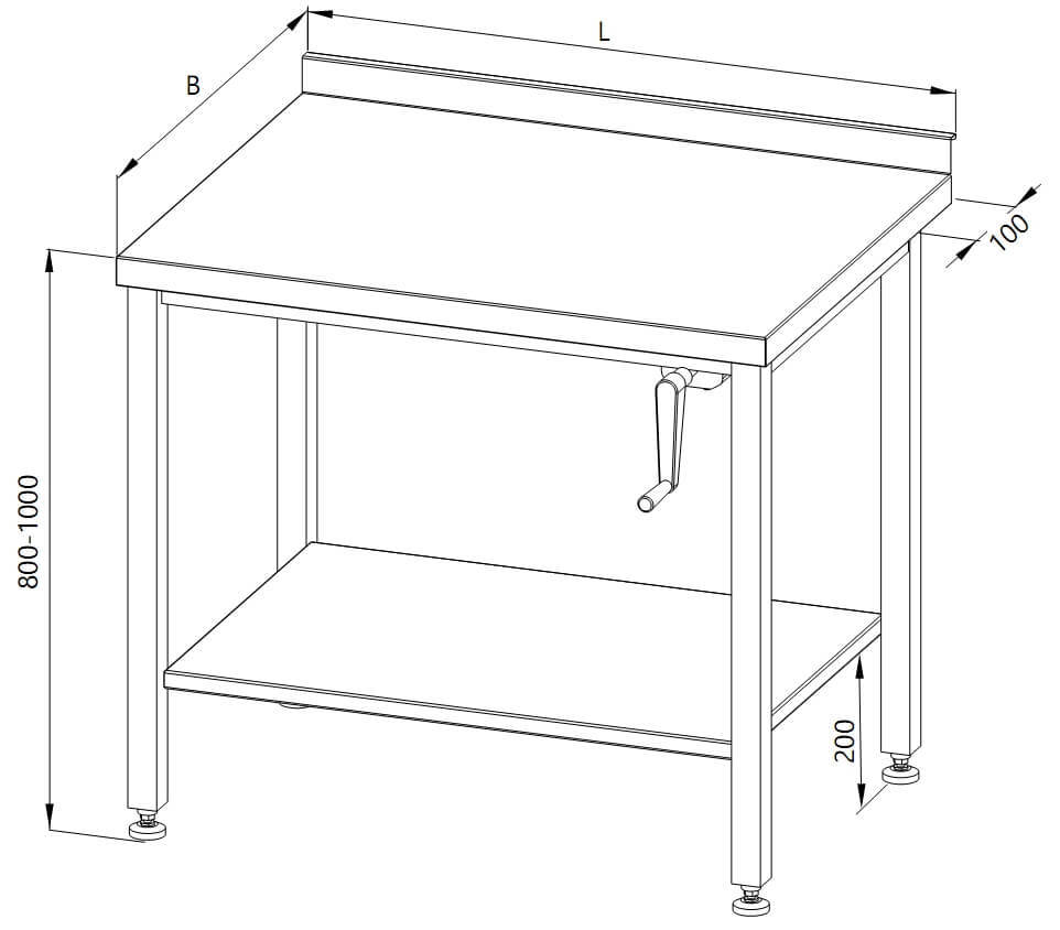 Zeichnung eines höhenverstellbaren Schreibtisches mit Ablage (manuelle Einstellung).