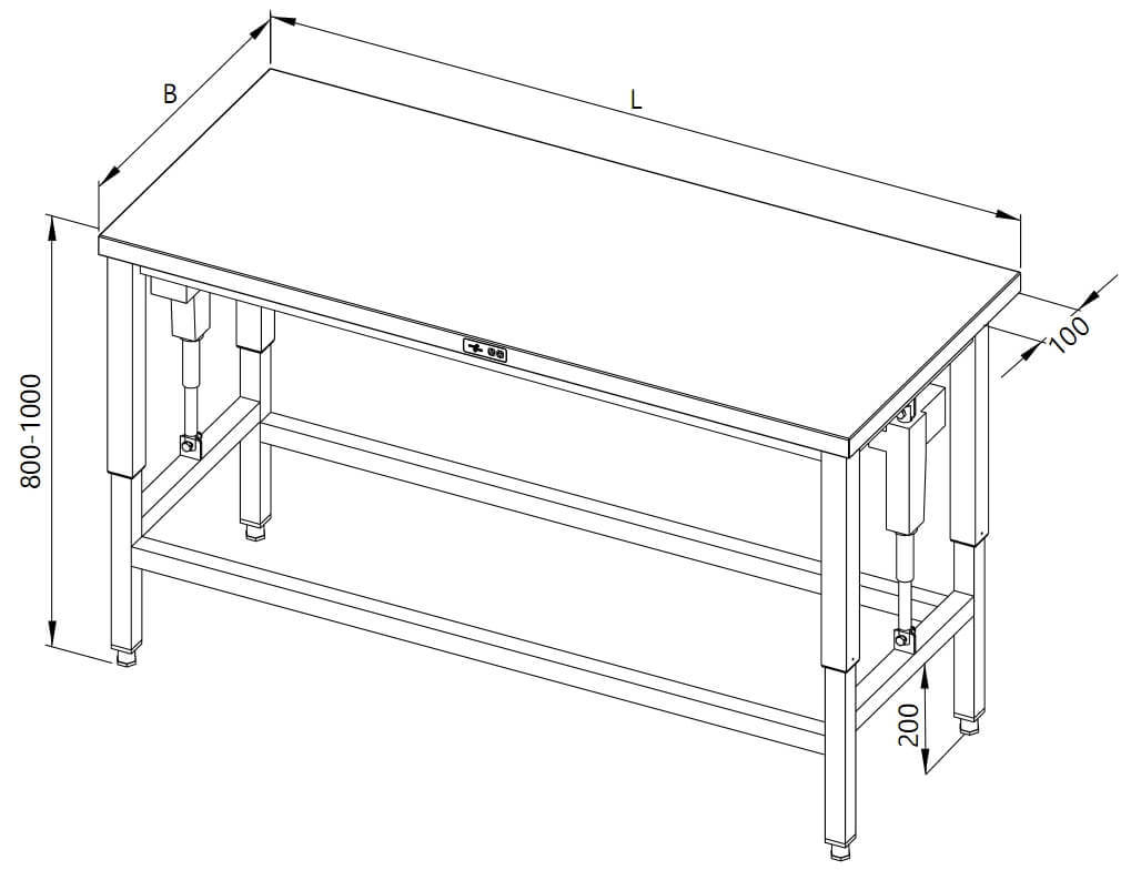 Zeichnung eines höhenverstellbaren Tisches mit Rahmen für modulare Regale (elektronische Verstellung).