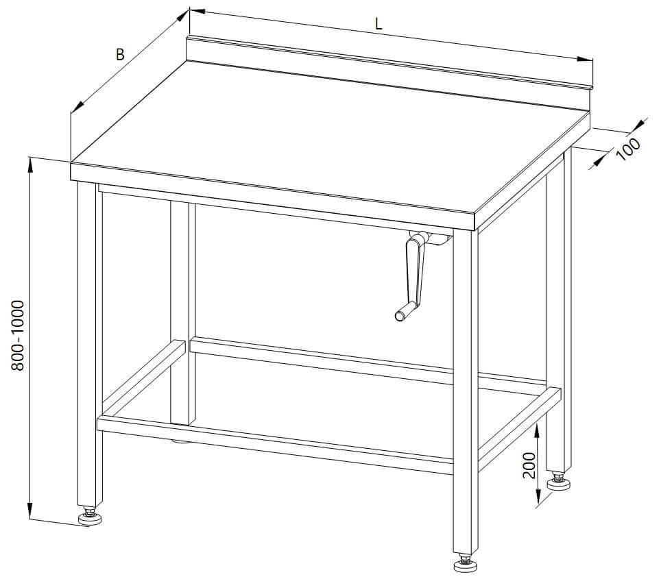 Zeichnung eines höhenverstellbaren Tisches mit Rahmen für modulare Regale (manuelle Einstellung).