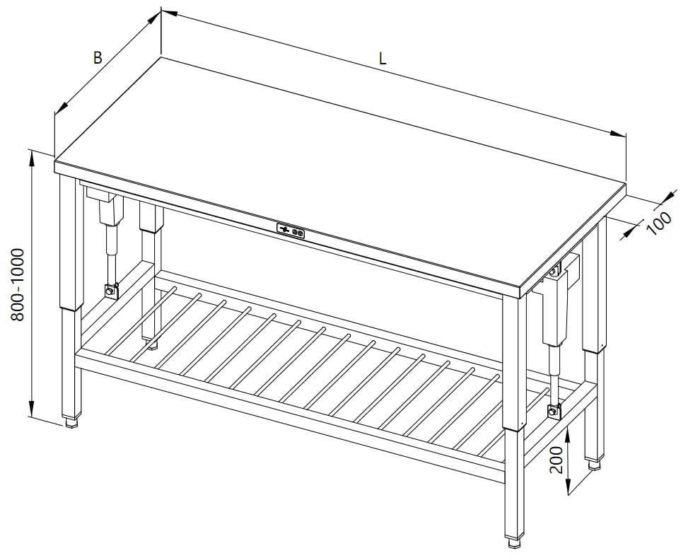 Regulējama augstuma galda ar stieņu plauktu rasējums (Elektroniskā regulēšana).