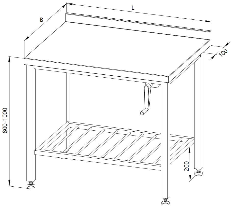 Dessin d'une table réglable en hauteur avec étagère bar (Réglage manuel).