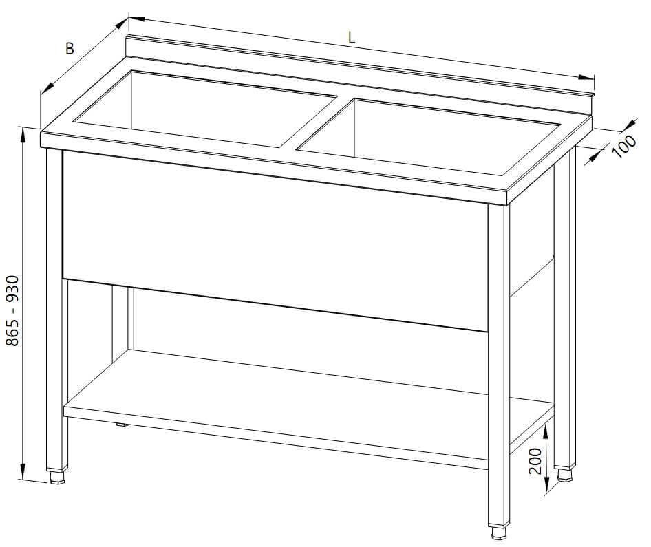Drawing of a table with 2 tubs and a shelf