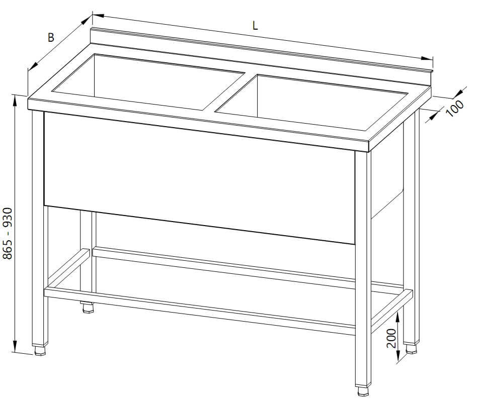 Drawing of a table with 2 baths and a frame for modular shelves