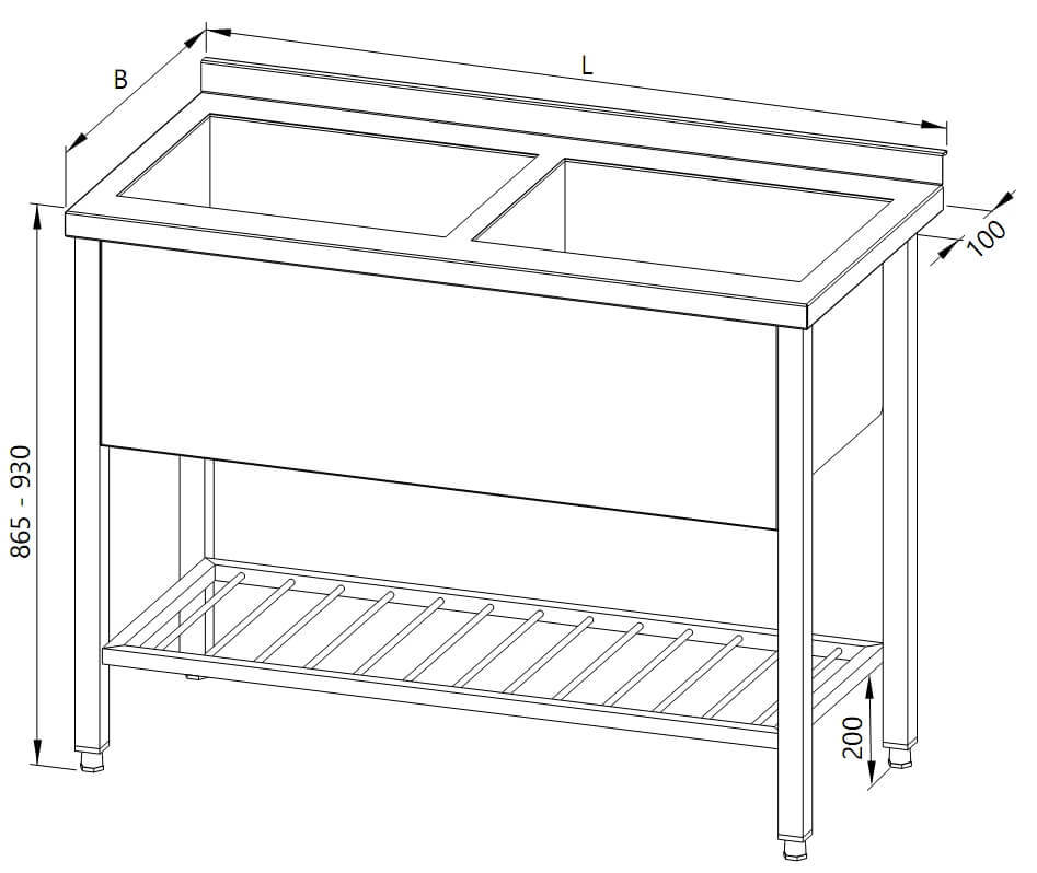 Drawing of a table with 2 tubs and a rod shelf