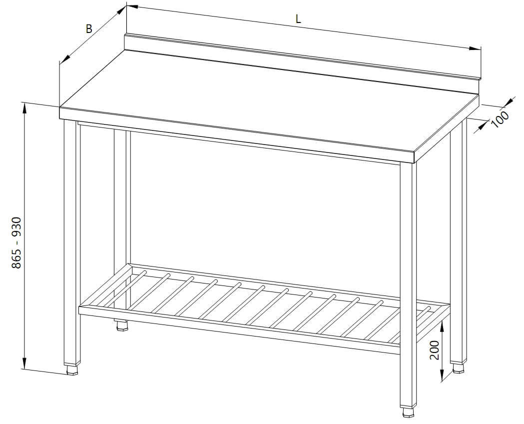 Drawing of a table with a bar shelf