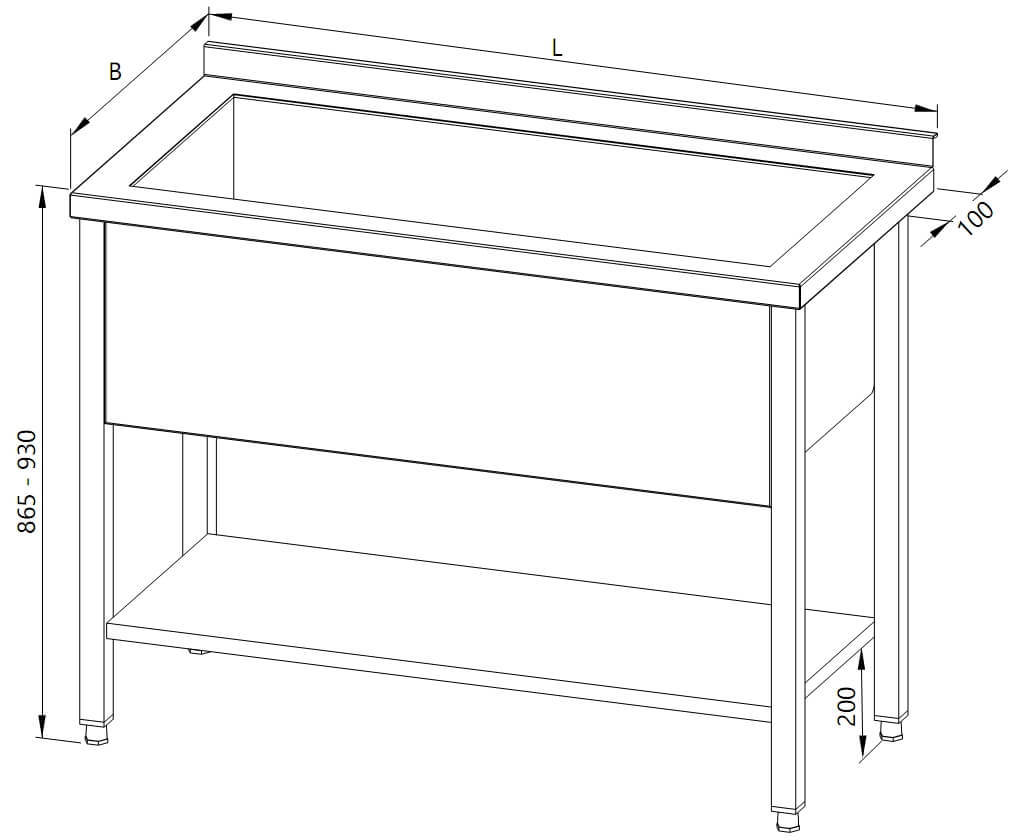 Eine Zeichnung eines Tisches mit einer Wanne und einem Regal