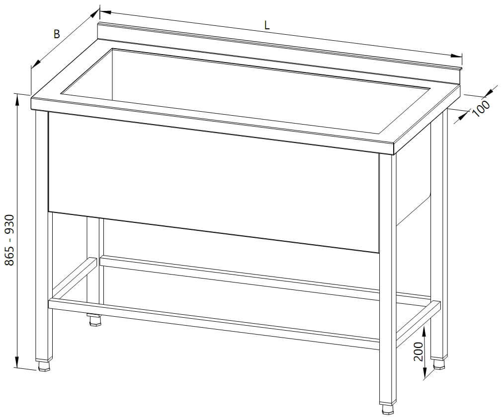 Drawing of a table with one tub and a frame for modular shelves