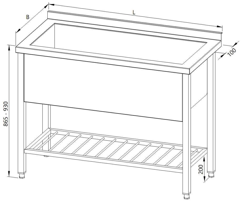 A drawing of a table with a single tub and a bar shelf