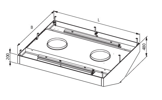 Drawing of a V-shaped ceiling hood with filters