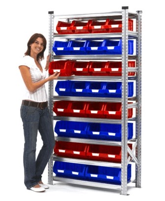 Metal rack with plastic boxes