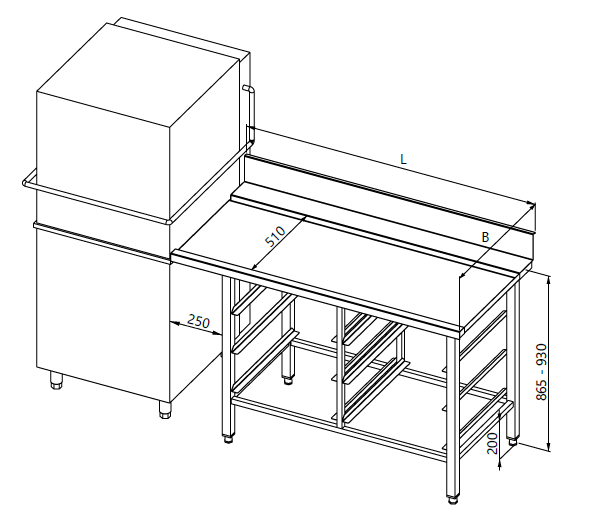 Zeichnung eines Tisches mit Halterungen für 6 Geschirrspülkörbe