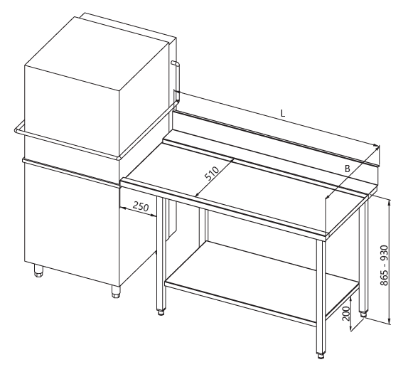 Zeichnung des Tisches neben der Spülmaschine mit Regal