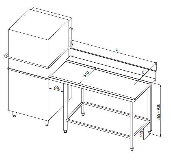 Zeichnung eines Tisches neben der Spülmaschine mit Rahmen für ein modulares Regal