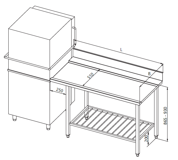 Zeichnung des Tisches neben der Spülmaschine mit Barregal