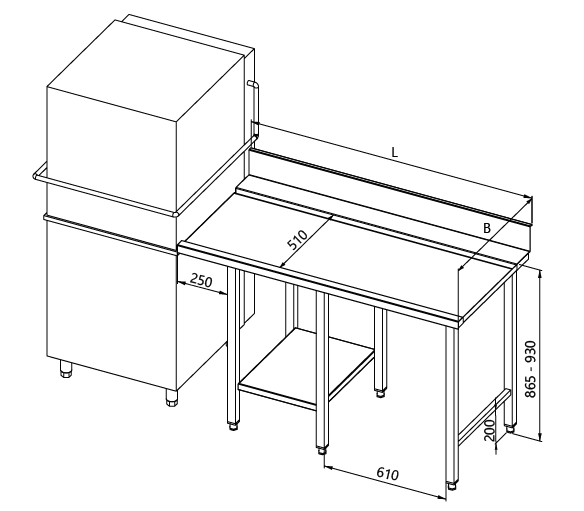 Zeichnung des Tisches neben der Spülmaschine mit einer Ablage für Geräte