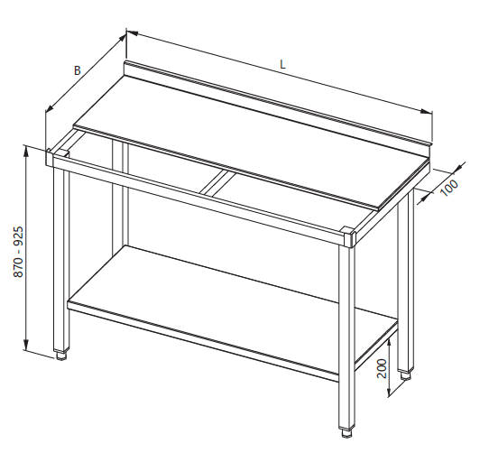 A drawing of a table with a cutting board and a shelf
