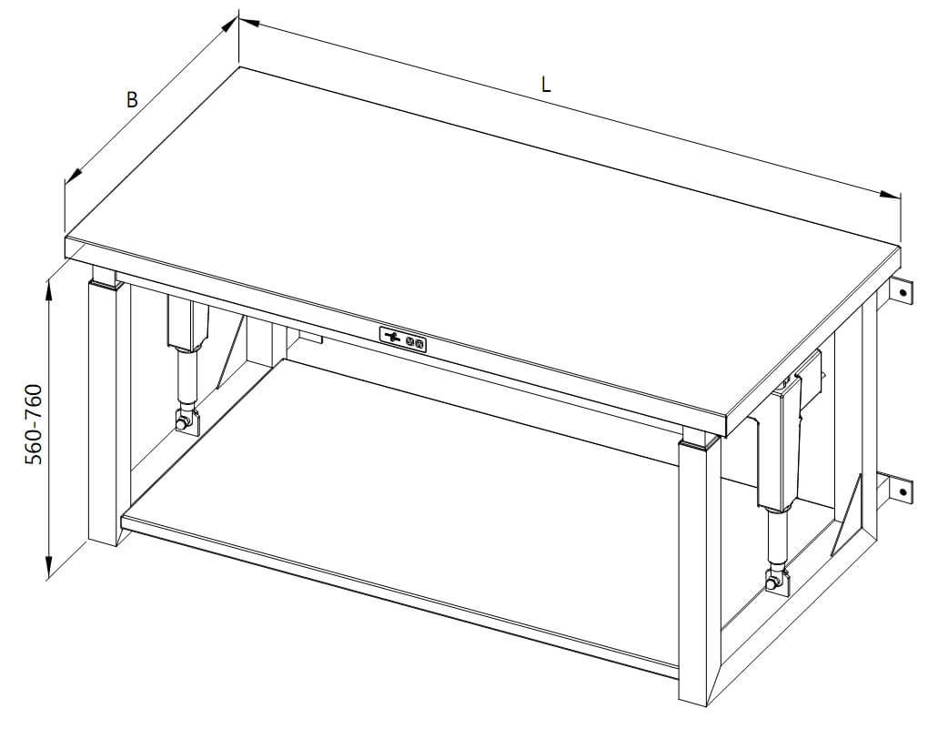 A drawing of a wall-mounted height-adjustable table with a shelf