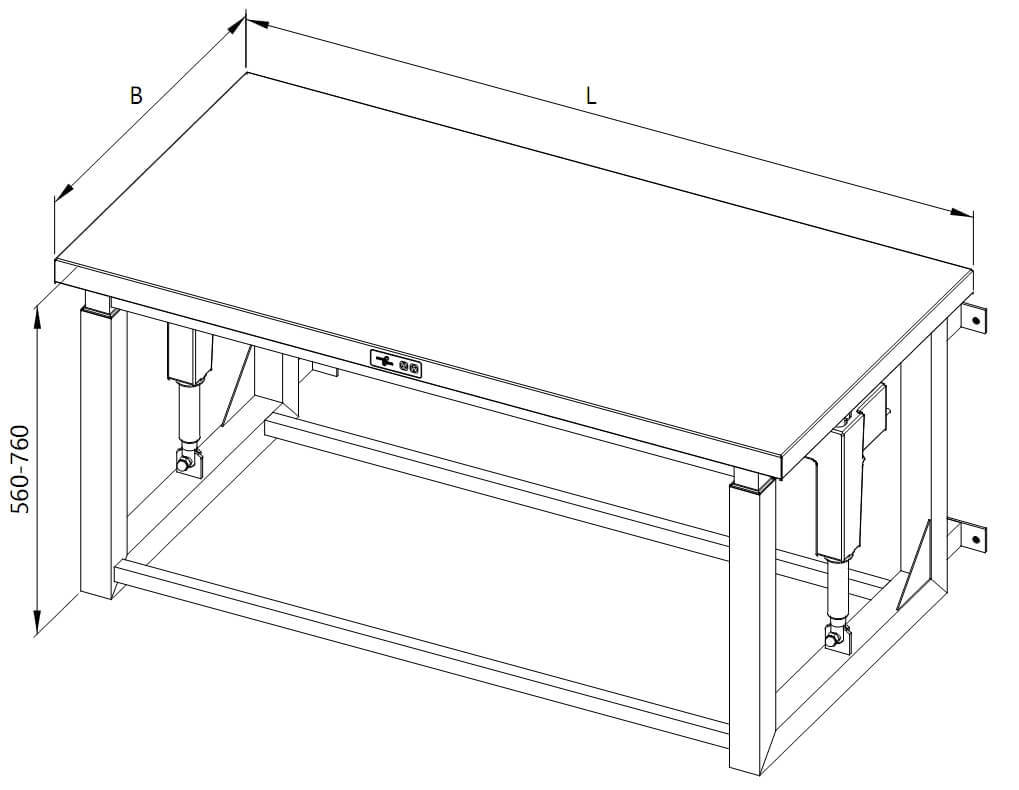 Drawing of a wall-mounted height-adjustable table with a frame for modular shelves
