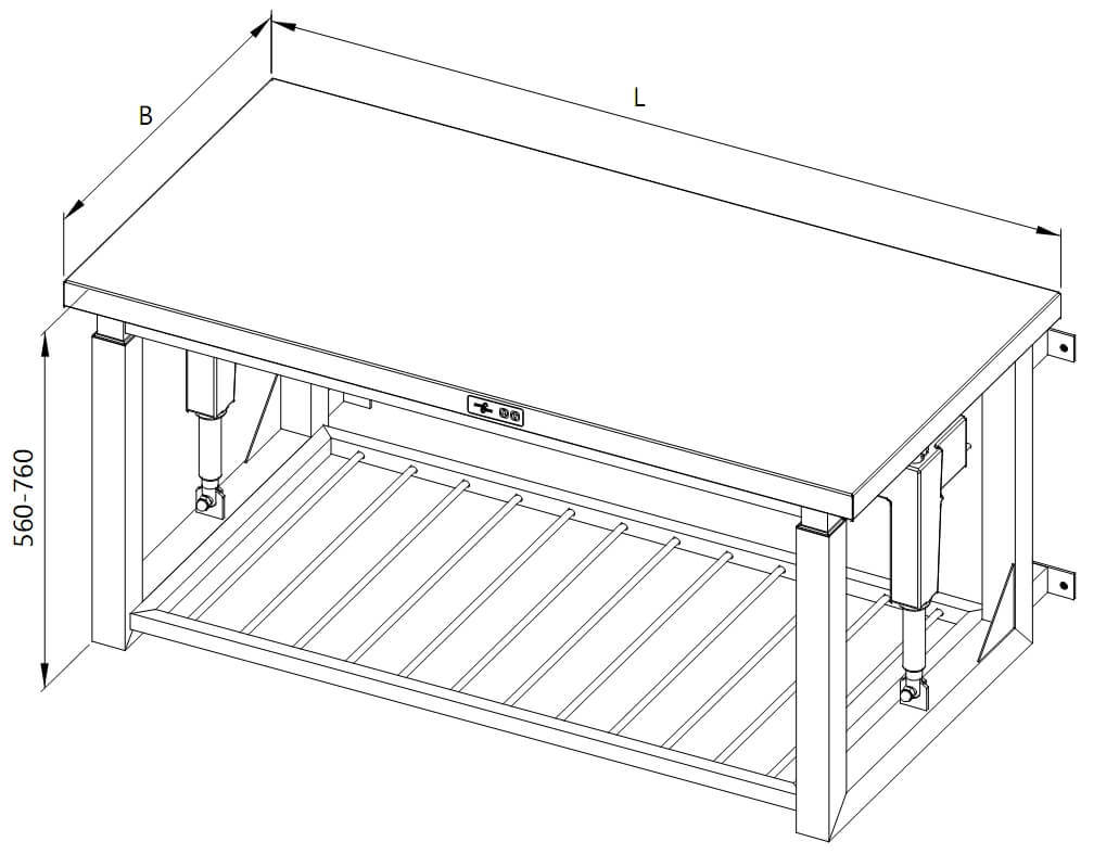 A drawing of a height-adjustable wall-mounted table with a bar shelf
