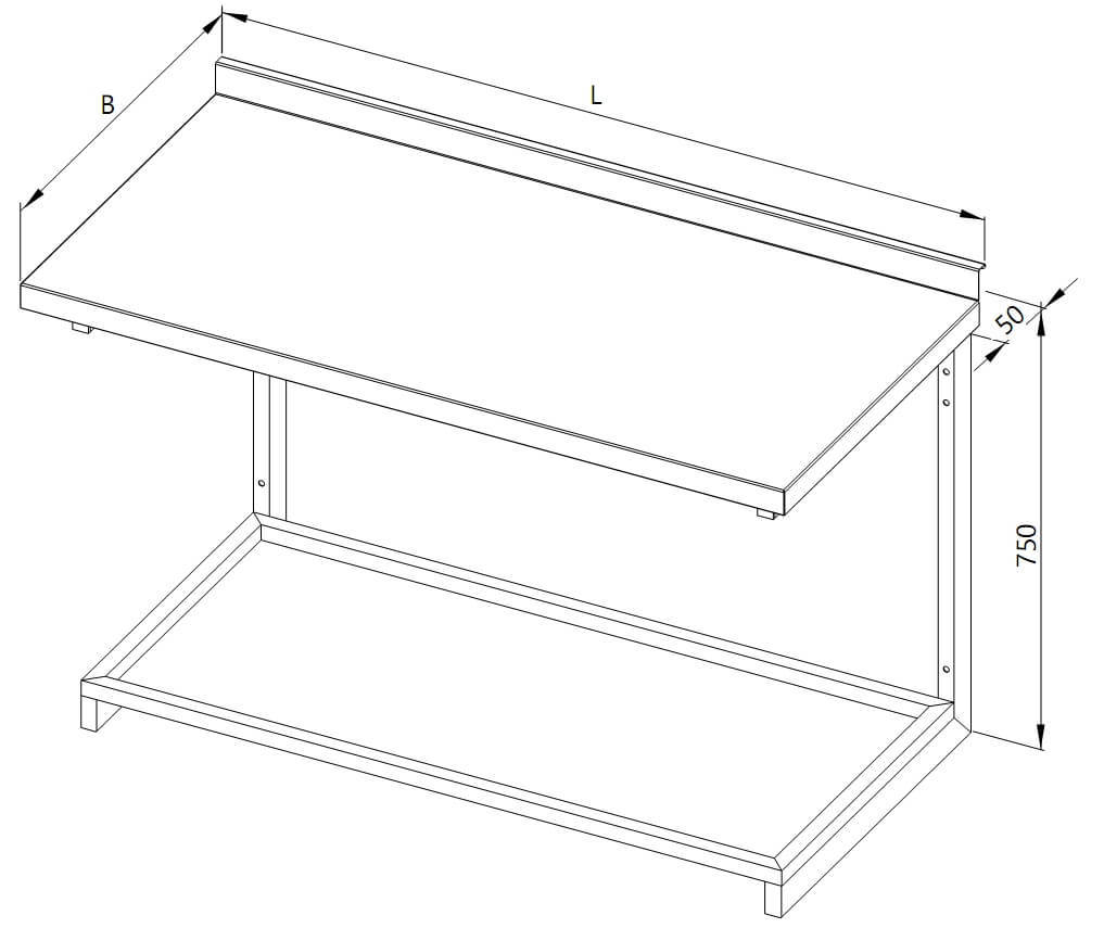 Zeichnung eines Wandtisches mit Rahmen für modulare Regale