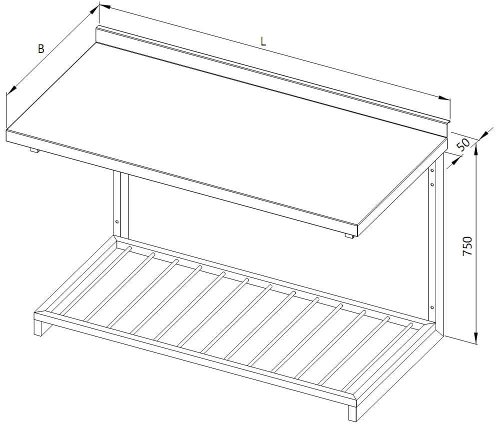 A drawing of a wall-mounted table with a bar shelf