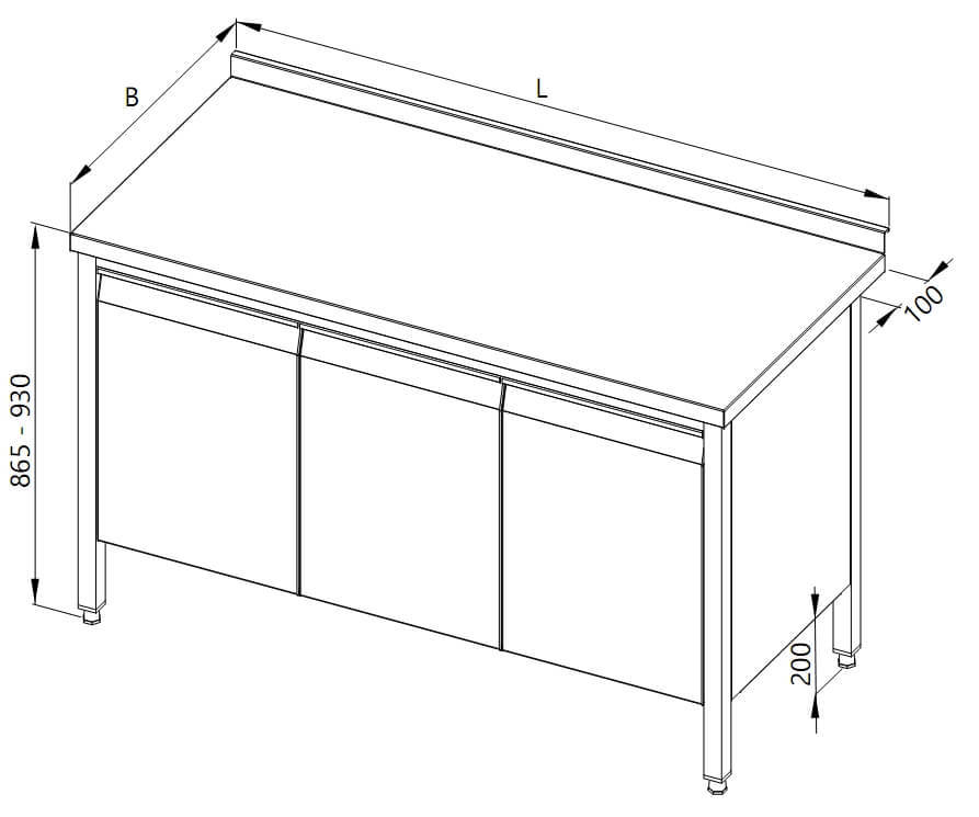 Drawing of a table with a hinged door