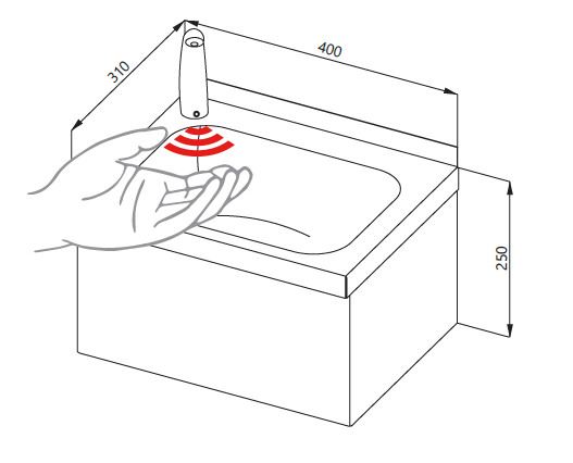 Waschbecken mit Sensorhahn, Zeichnung 40x31x25cm