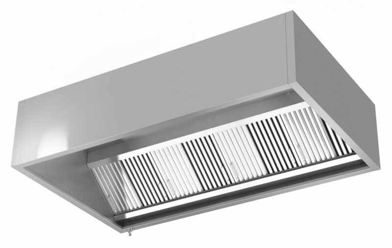 A wall-mounted hood with filters and fans