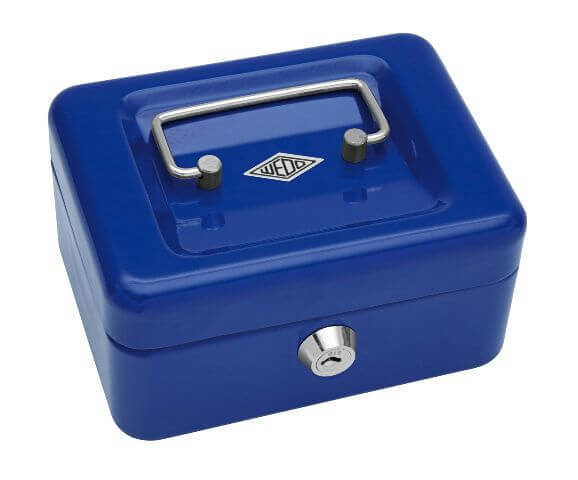 Mėlynos spalvos metalinė dėžutė pinigams