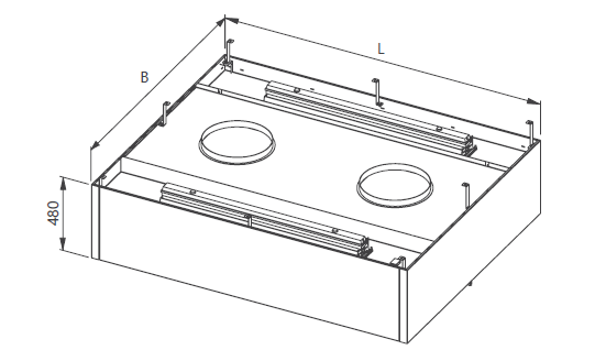 Drawing of a ceiling-mounted hood with filters