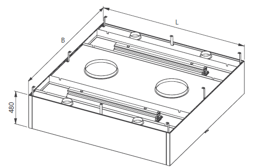 Drawing of a ceiling-mounted hood with filters and fans