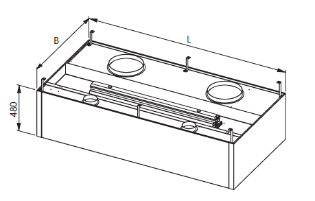 Zeichnung einer Wandhaube mit Filtern und Ventilatoren