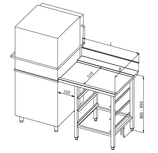 Zeichnung eines Tisches mit Halterungen für 3 Geschirrspülkörbe