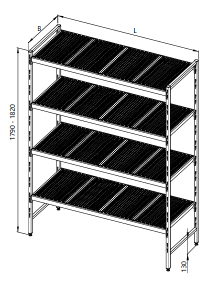 Drawing of a modular rack with plastic shelves