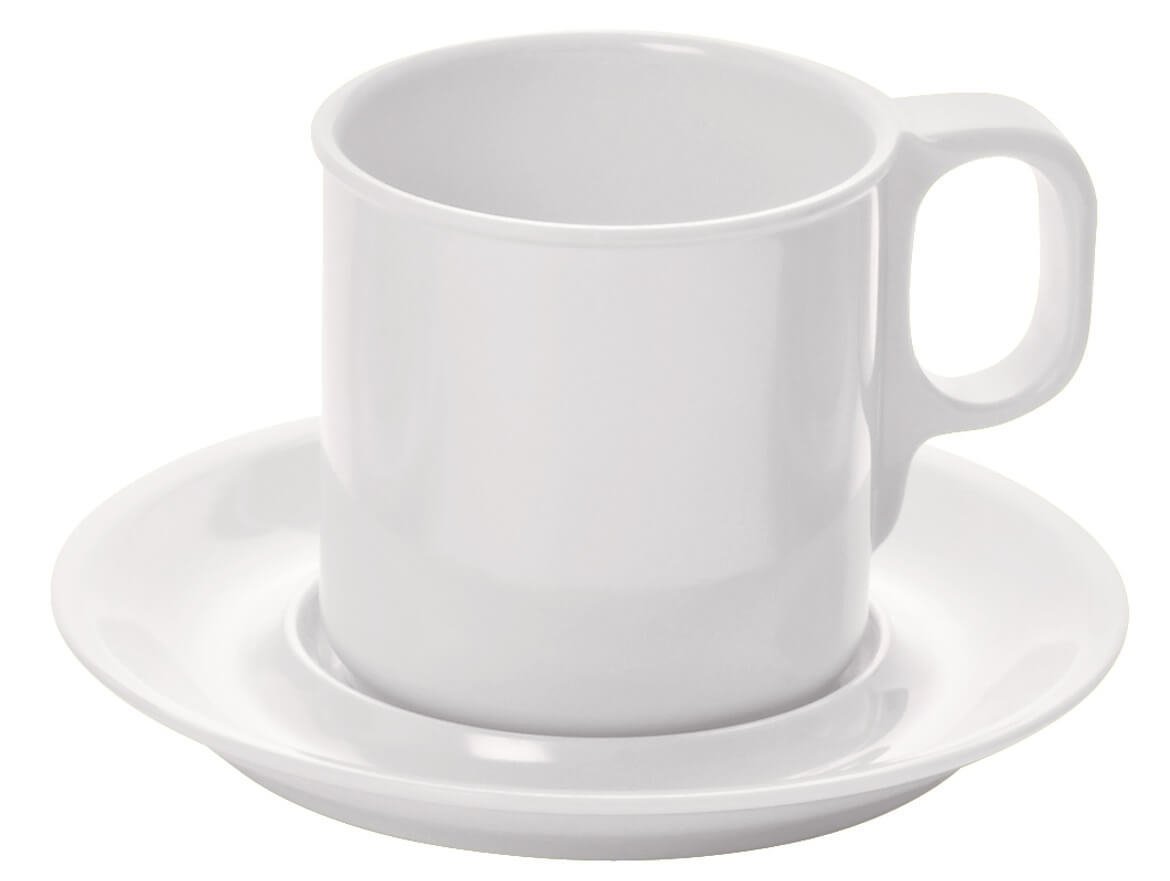 Baltos spalvos melamino puodelis su lėkštele