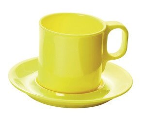 Geltonos spalvos melamino puodeliai su lėkštele