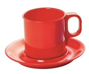 Raudonos spalvos melamino puodelis su lėkštele