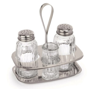 A set of pepper and salt shakers with a container for toothpicks 1482003