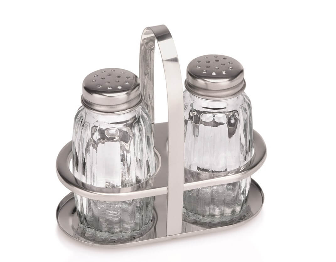 Set of salt and pepper shakers in a stainless steel holder 1481 002