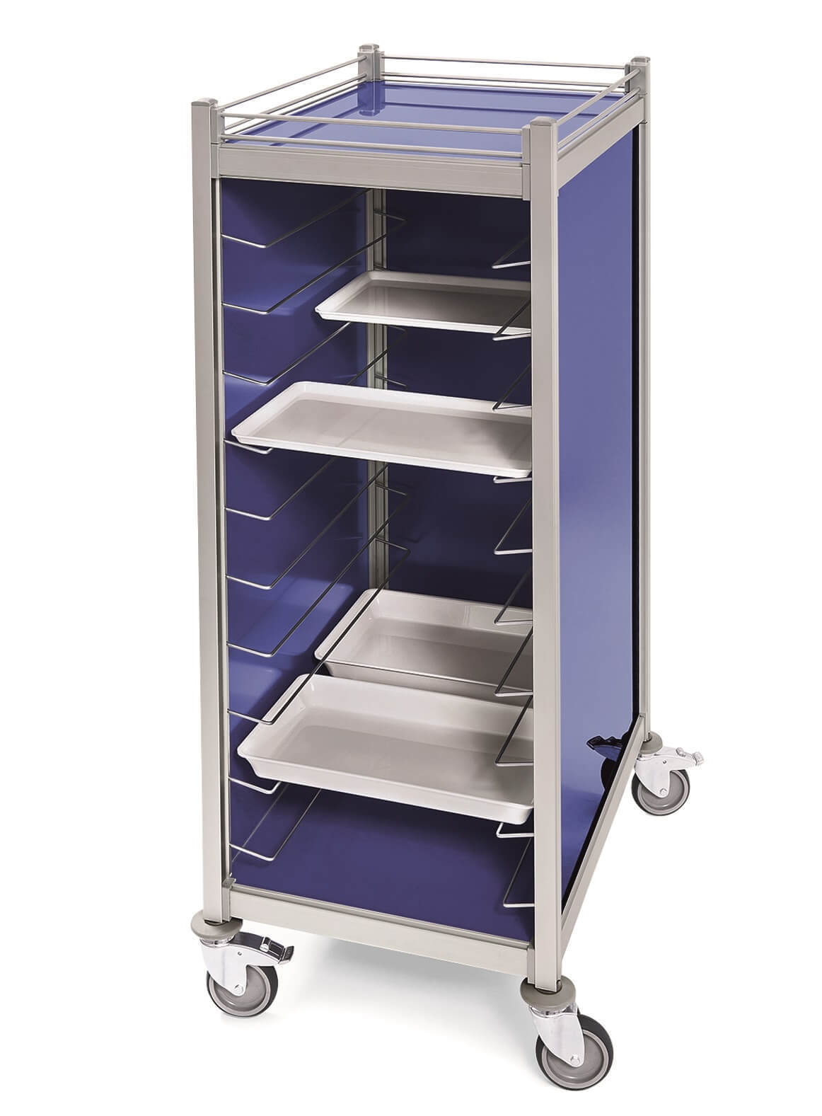 Aluminum trolley with a back wall and a top shelf
