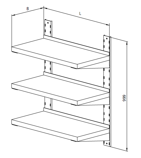 Drawing of a triple, height-adjustable shelf