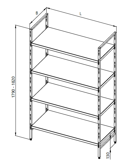 Drawing of a prefab rack with stainless steel shelves