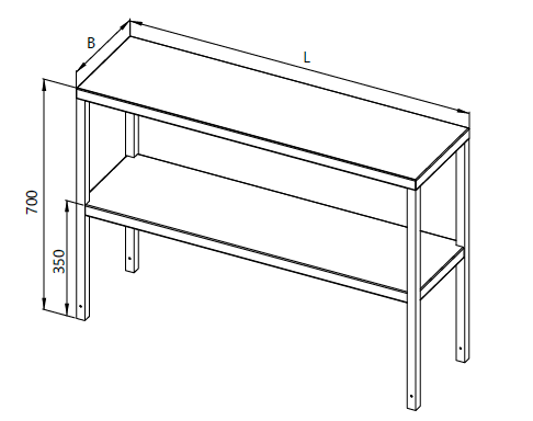 Un dessin d'une double étagère attachée à une table