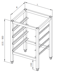 Zeichnung eines Rahmens mit Halterungen für Geschirrspülkörbe