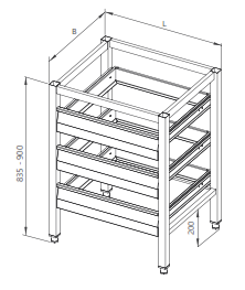 Zeichnung eines Rahmens mit Schubladen für Geschirrspülkörbe